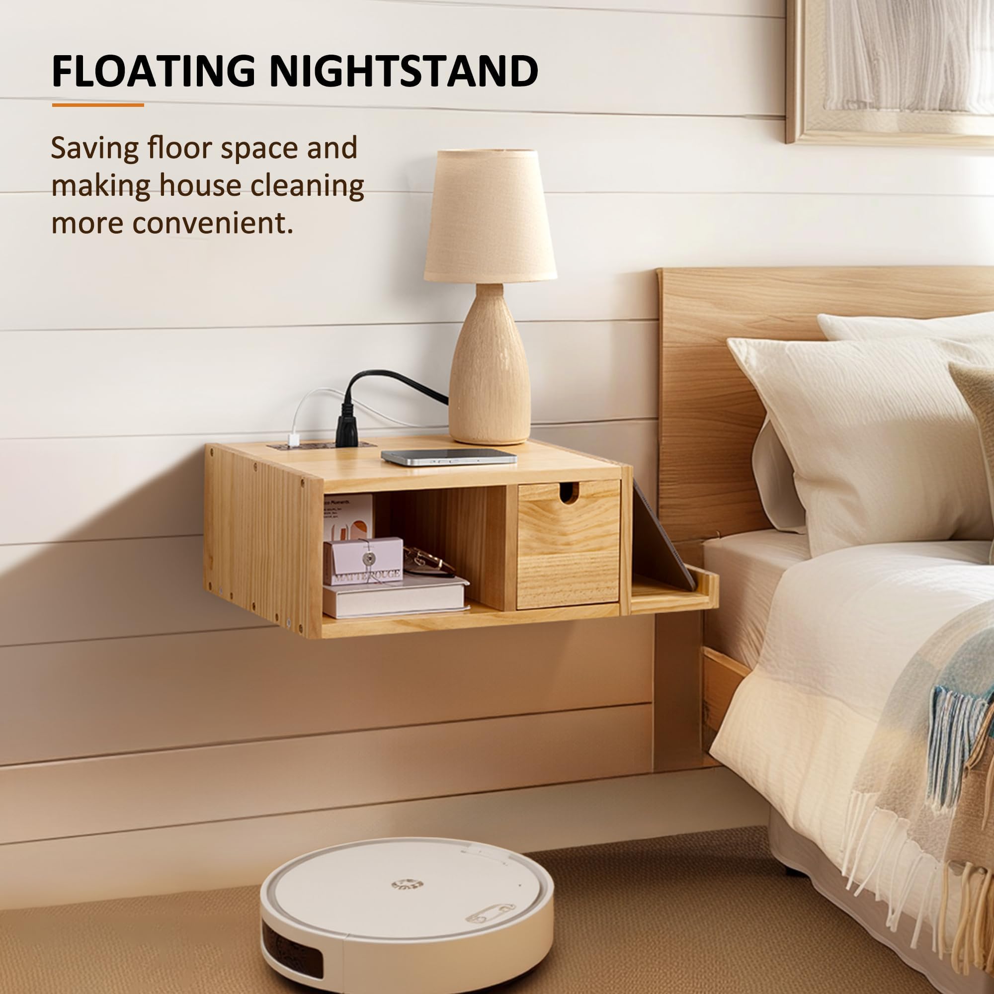 Mesita de noche flotante con estación de carga, moderna mesita de noche con cajón montado en la pared, mesita de noche pequeña de madera maciza, estante de mesa auxiliar para dormitorio 2