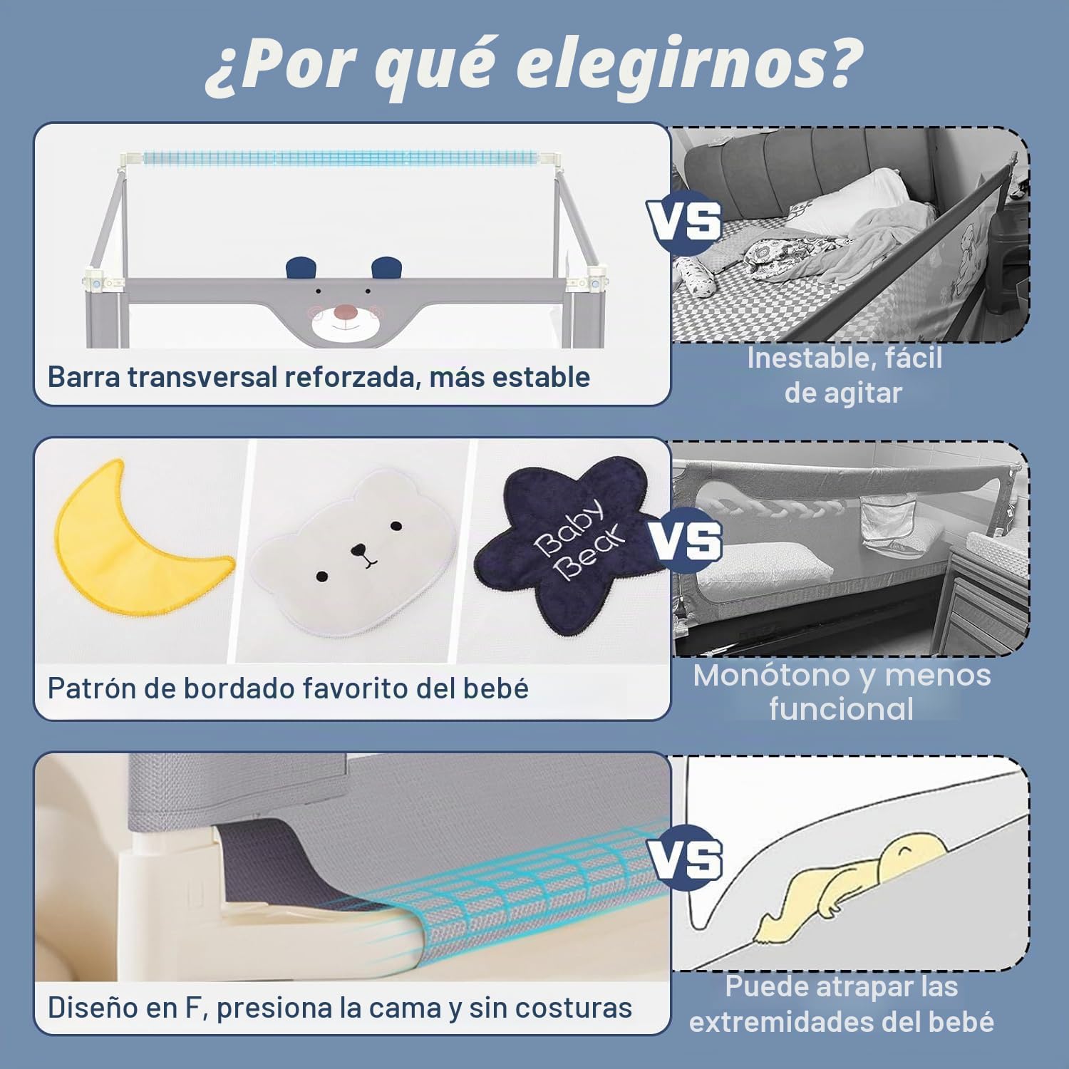 G TALECO GEAR 3 barandillas de protección contra caídas para niños pequeños con barra de cabecero, barandilla ajustable para cuna infantil, protección contra caídas (2 x 200 cm + 1 x 190 cm)