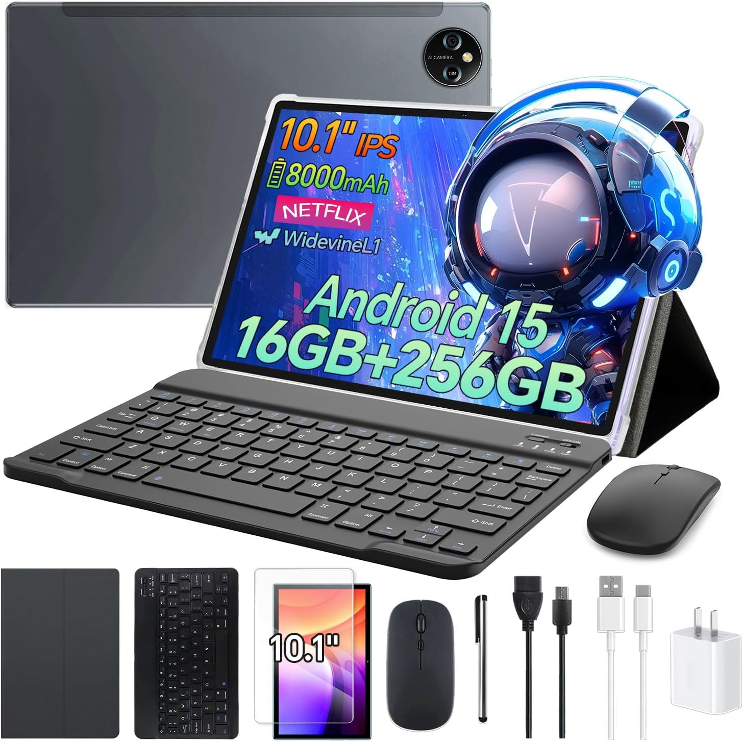 Tablet 10.1inch Android 15 with Keyboard,Octa-Core Tablets, 16GB RAM 256GB Storage 1TB Expandable, 13MP Dual Cameras 5MP Front,8000mAh,GPS,WiFi 5 BT5.0 with Case, Mouse & Stylus M6- Titanium Gray
