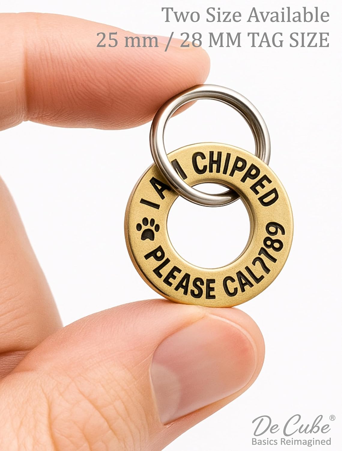DeCube Deep-Engraved Pet ID Tag – Brass & Stainless Steel, 3 mm Thick Durable Disc (25 mm & 28 mm), Custom Name & Phone Number Engraving, Rust-Resistant Pet Collar Tag