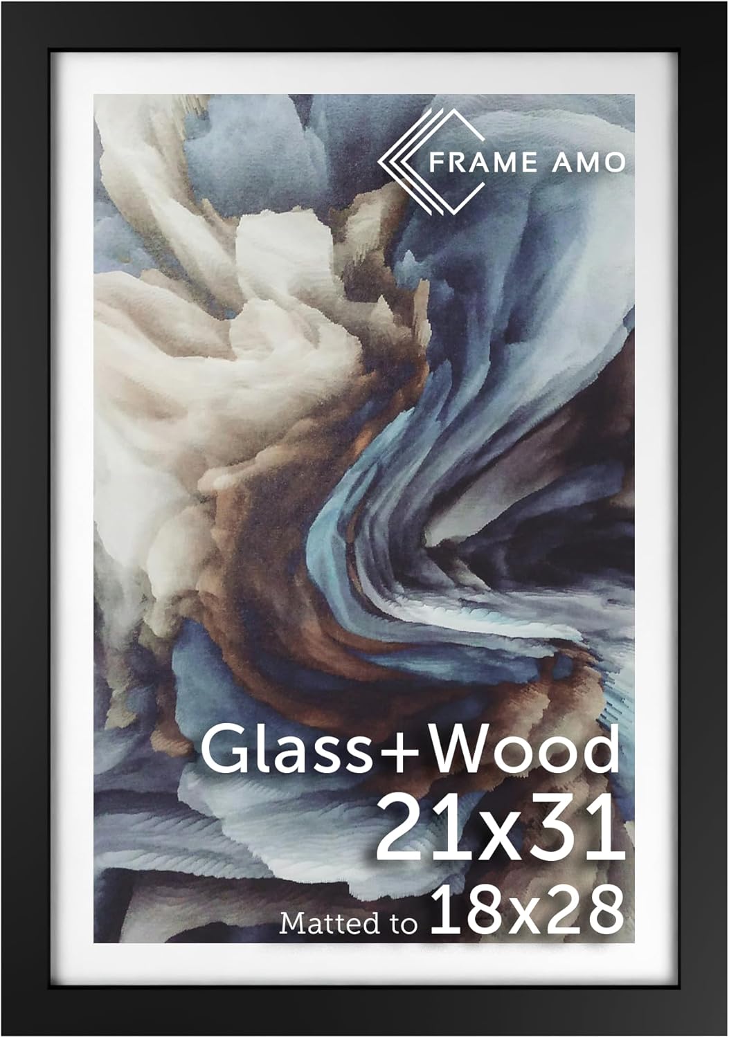 Frame Amo 21x31 Black Solid Wood Poster Frame, White Mat for 18x28 Image, Tempered Glass Front, 1.5 inch Wide, 1 inch Thick, High-End, Heavy-Duty, Gallery Grade & Acid-Free