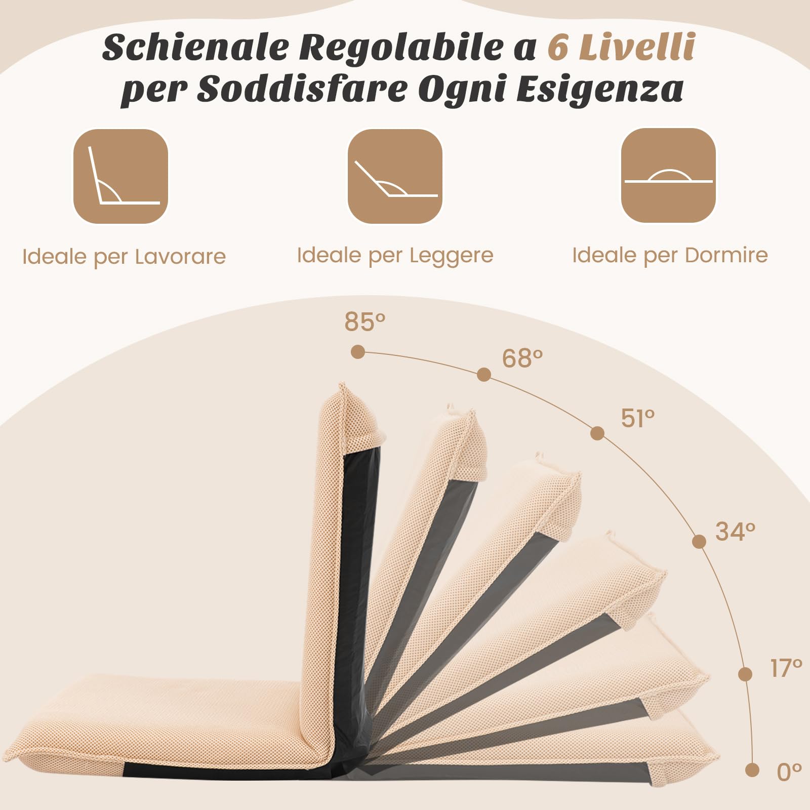 COSTWAY Sedia da Pavimento, con Schienale Regolabile a 6 Livelli, Cuscino da Terra Pighevole Imbottito in Spugna, Sedia Reclinabile per Salotto Camera da Letto Studio Relax Lettura (Beige)