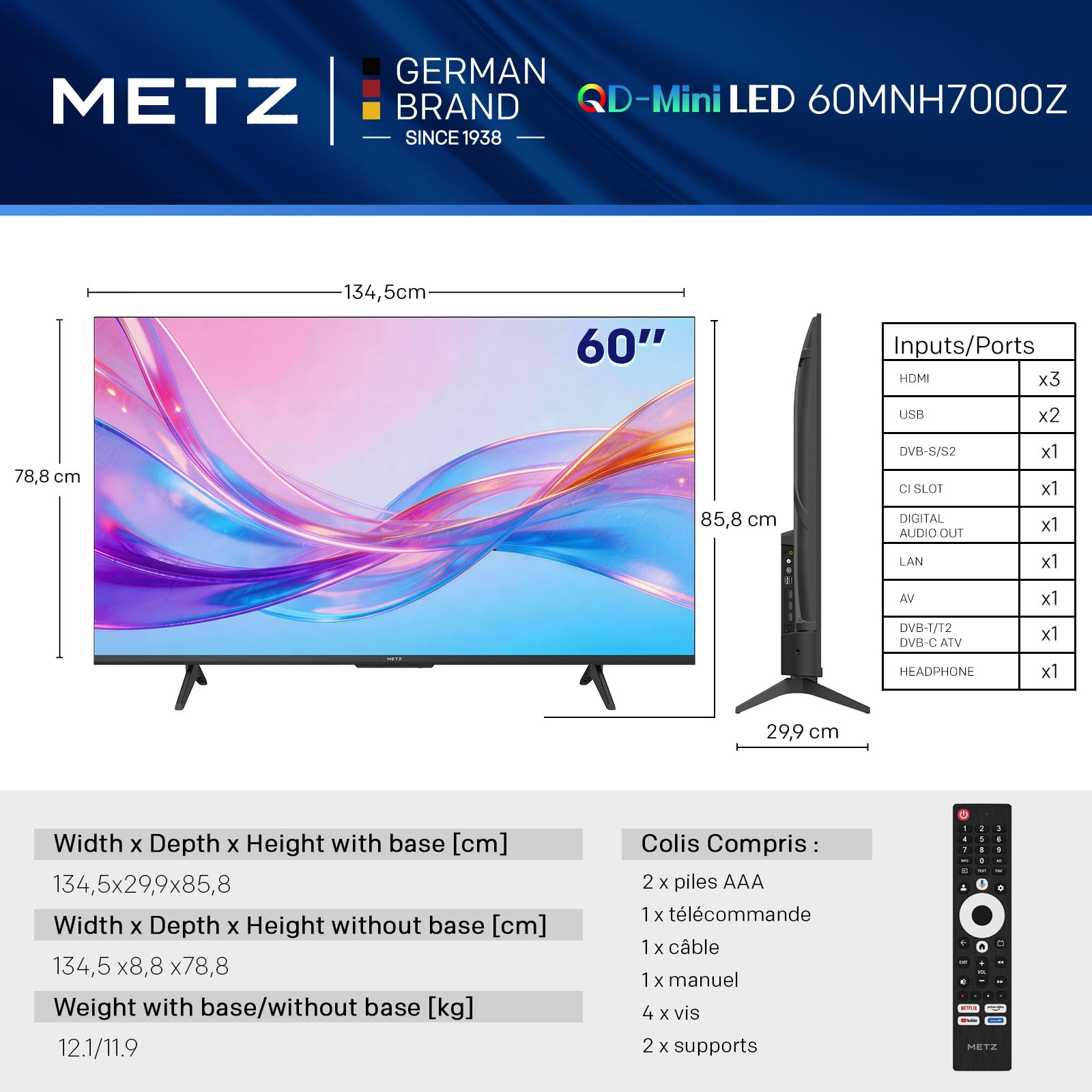 Metz Mini LED TV 60 Pouces 4K, QLED, Television Google TV Local Dimming Dolby Atmos Dolby Vision MEMC HDR 10+ Bluetooth Eye Care HDMI Tuner DVB-T/T2/C/S/S2 CI+ (MNH7000Z, 2026 Nouveau Modèle)