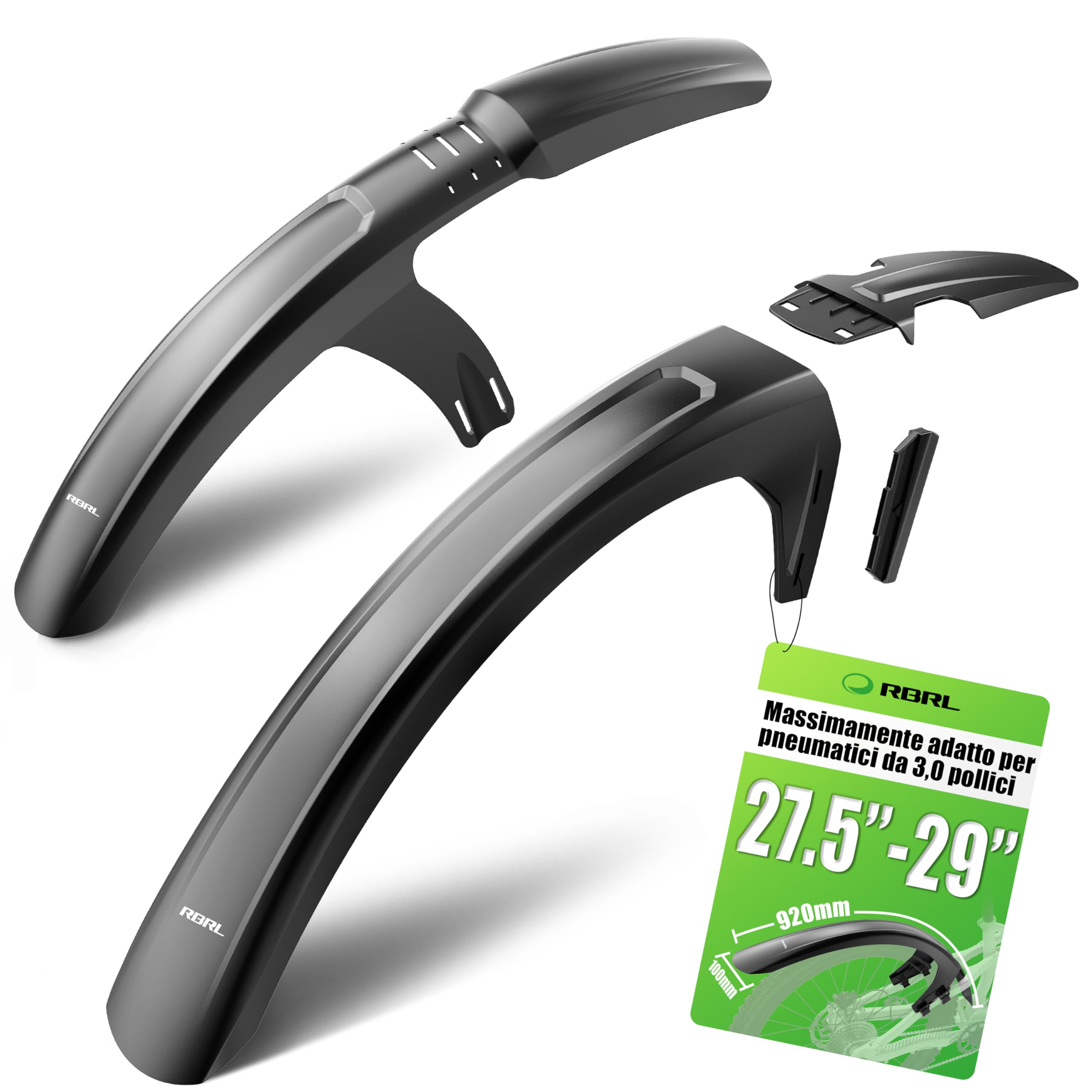 RBRL Set di parafanghi per bicicletta anteriore e posteriore – Parafanghi MTB compatibili con pneumatici da 27,5/29 pollici fino a 3,0" – robusto paraspruzzi contro fango, parafango, fango e acqua