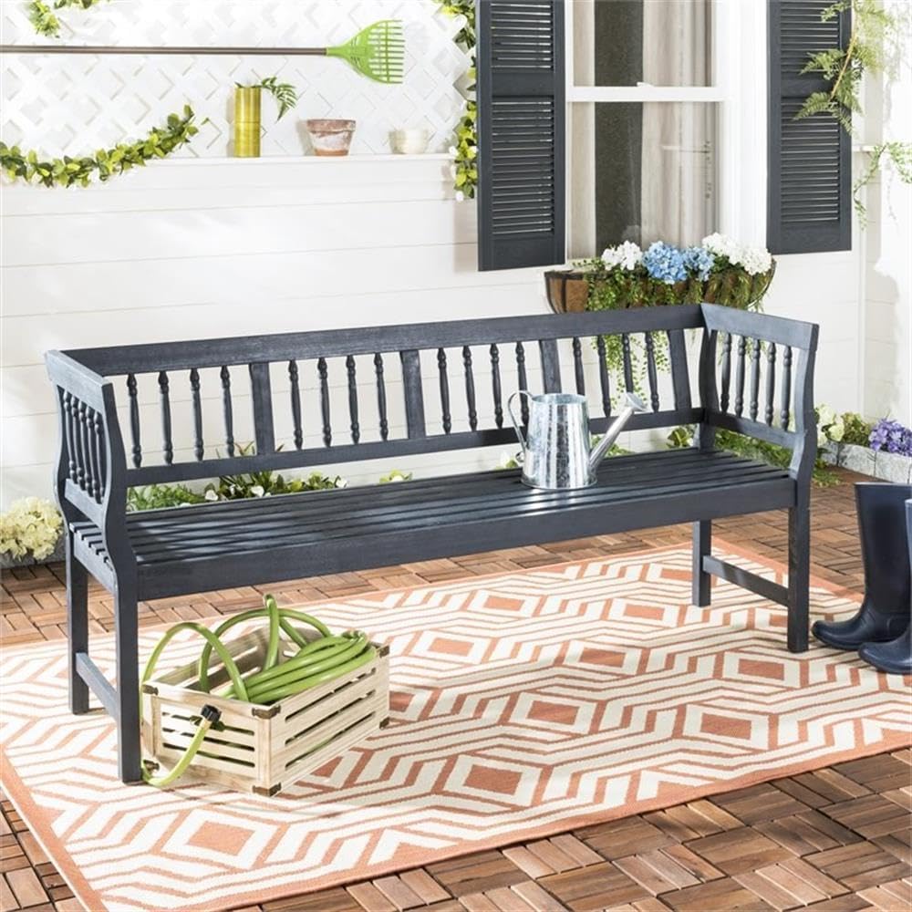 Pemberly Row 16.9" Acacia Wood Outdoor Bench, Dark Slate Gray Finish, Weather-Resistant Silver Metal Details, 68.1" Wide Garden or Patio Seating, Classic Southern Charm for Outdoor Use