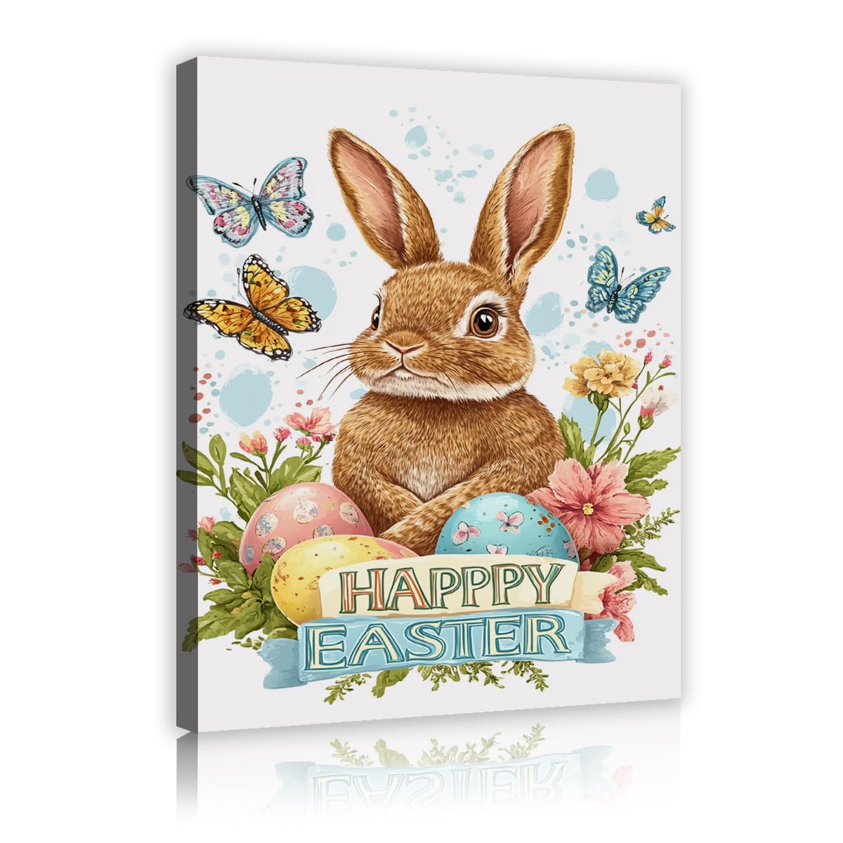 Vibrante estampado de conejo de Pascua en lienzo Mariposas voladoras Imágenes Estampado de flores primaverales Huevos moteados Arte para la decoración del apartamento de la biblioteca 60x90cm