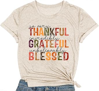 Fall Shirts for Women Thankful Grateful Blessed T-Shirt Thanksgiving Fall Tee Tops