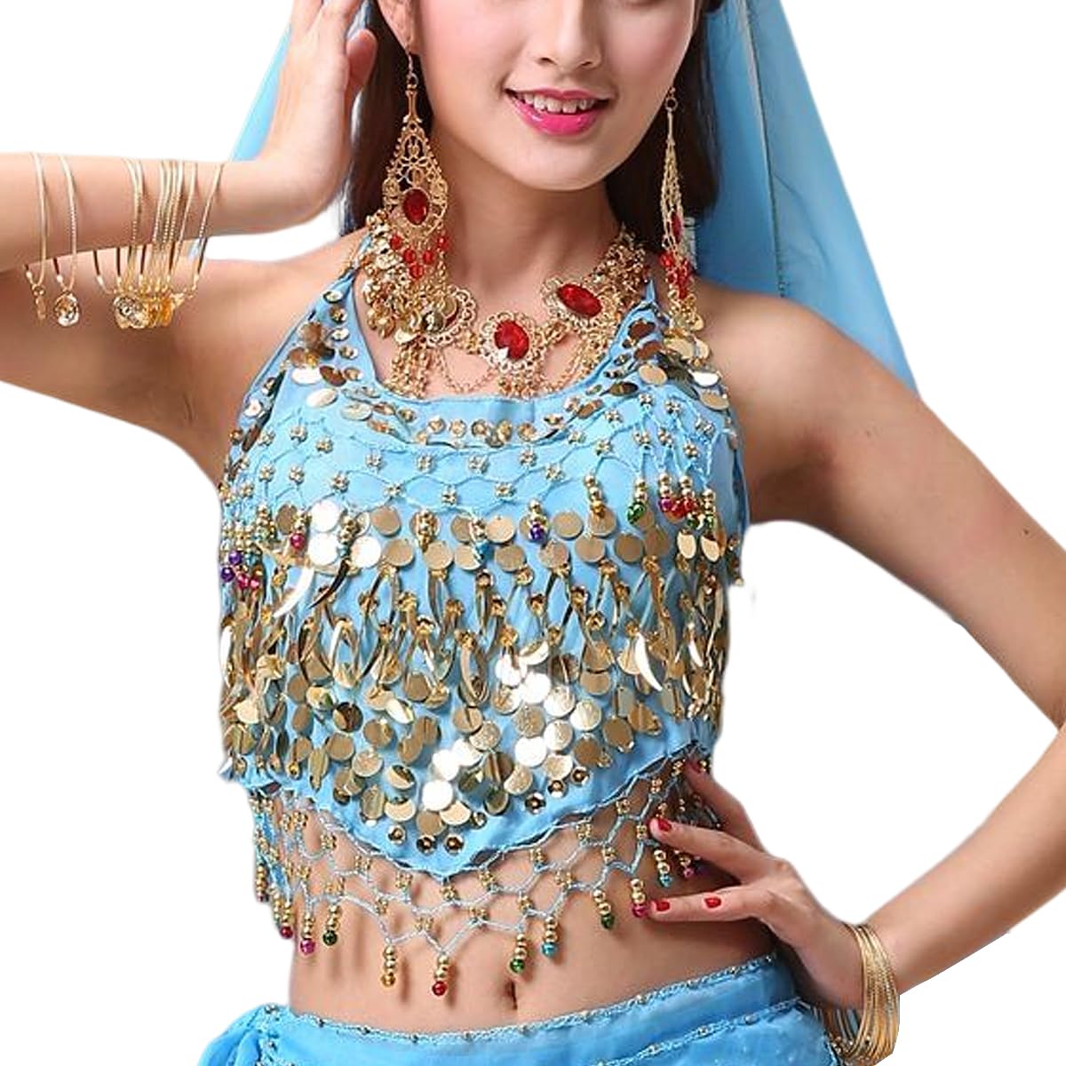 SamHeng Women's Halter Neck Bra for Belly Dance, Backless Padded Bra Top Camisole Halter Crop, Bandage Tank Top Sequins Belly Dance Crop Top for Festival Party Clubwear Light Blue