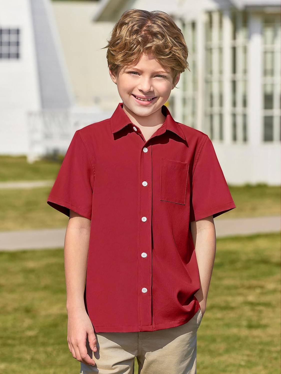 Haloumoning Boys Short Sleeve Button Down Shirt Kids Dress Shirts Formal Uniform Shirt with Pocket 5-14 Years - Image 2