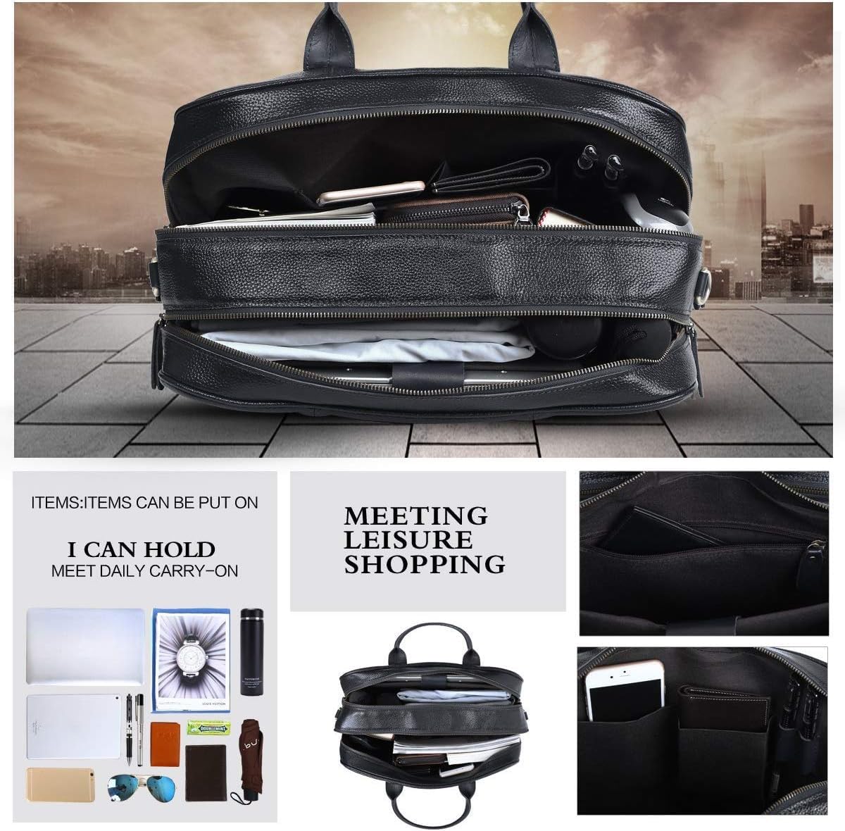 Leathario Sac Porte Document Homme en Cuir Véritable Messager Besace D'ordinateur Serviette pour des Affaires