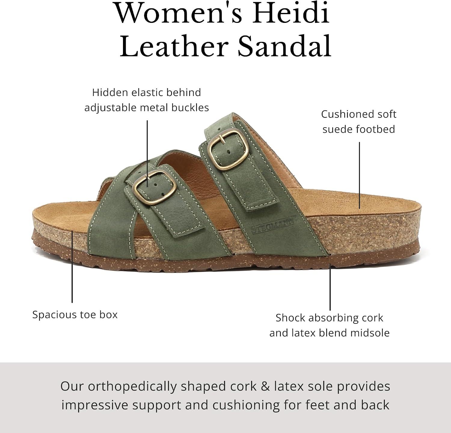 Stegmann Women's Heidi Leather Sandal – Adjustable Metal Buckles, Soft Suede & Cork Footbed with Arch & Metatarsal Support, Low Profile Toe Ridge, Wide Toe Box - Medium Width