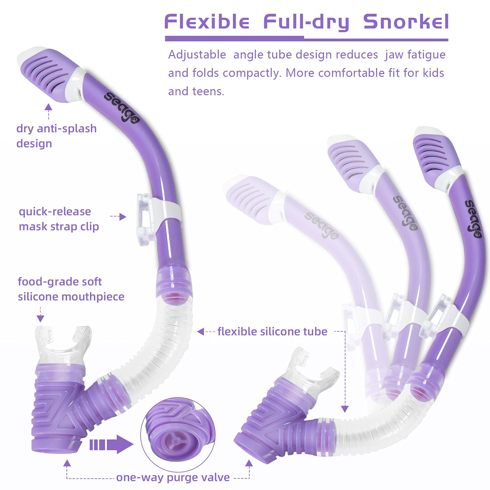 Seago Kids Dry Top Snorkel Tube Comfortable Mouthpiece One-Way Purge Valve for Pool Open Water Scuba Lap Swimming Swimmer Training Diving Snorkeling