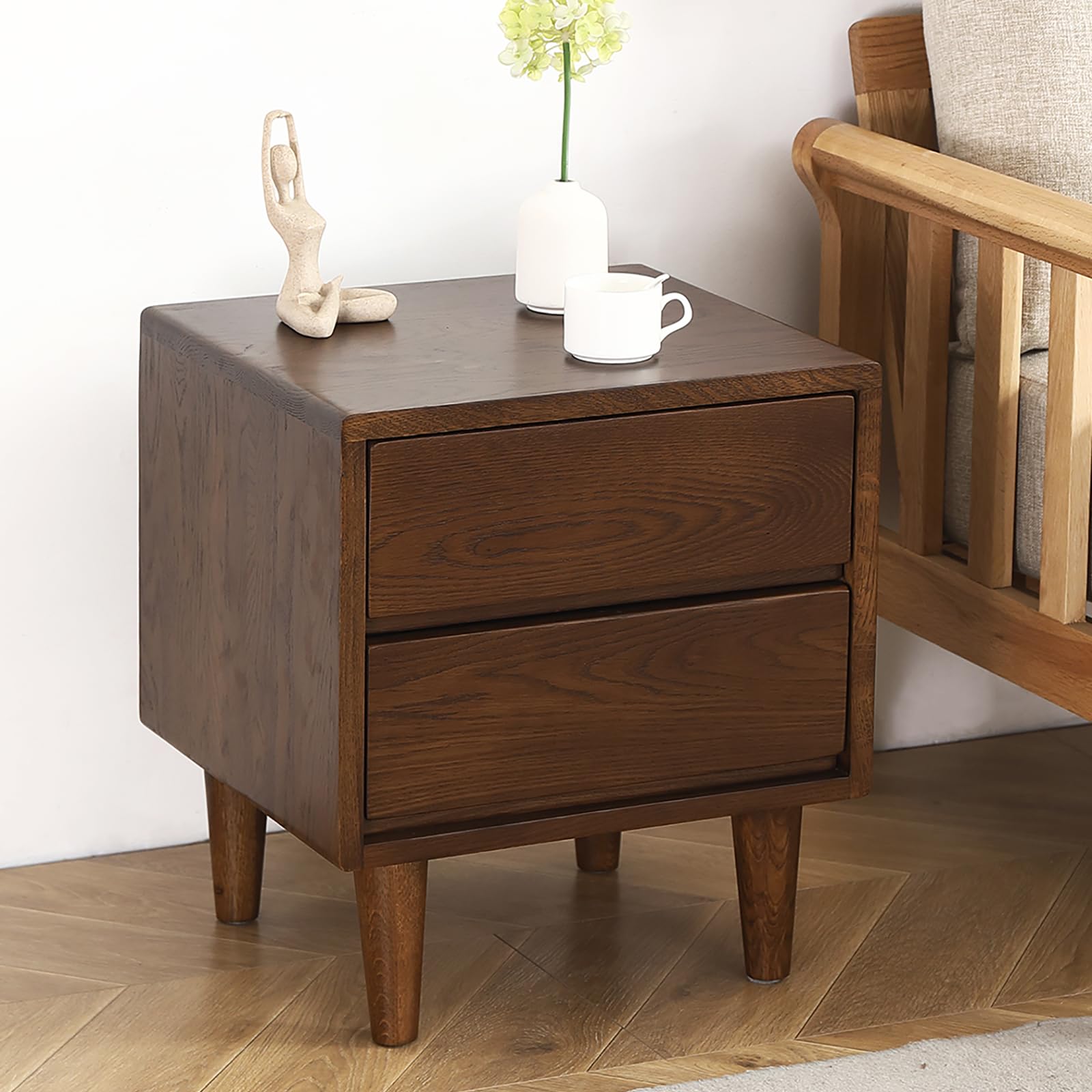 Solid Oak Wood Nightstand, Bedside Table with 2 Drawer, Mid-Century Luxury Night Stand, Modern Sofa Side End Table, Farmhouse Wooden Night Stand Bedside Table for Bedroom, Easy Assembly, Walnut Color