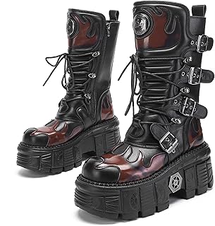 [KUTAO] ゴシック パンク 厚底ミッドカーフ レースアップブーツ レディース｜金属バックル＆タンクソール｜内側ジッパーで着脱簡単｜ストリート/ライブ/フェス/コスプレにも