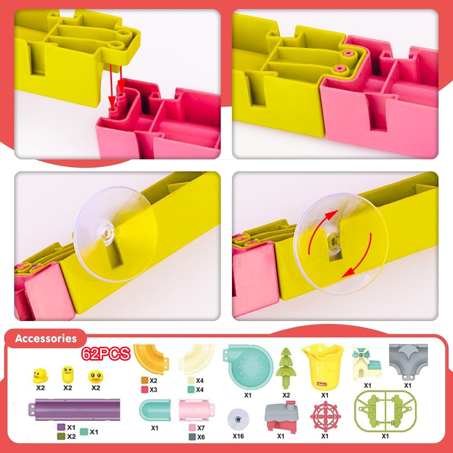 62 Pezzi Giocattoli Da Bagno Per Bambini - Scivolo Acquatico Con Anatre E Ventose, Giochi Educativi Per Vasca - Foto 12