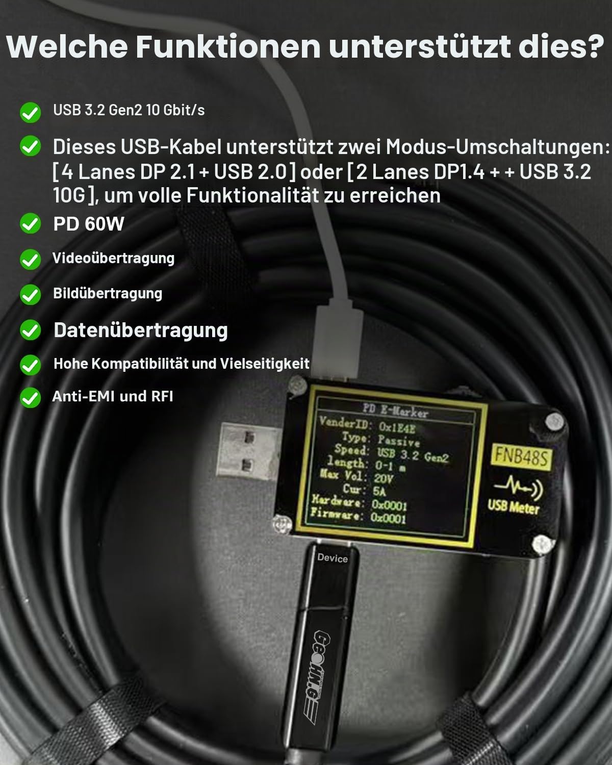 GeoHN.G Full-Featured Glasfaser USB C auf USB C Kabel 15M, 10Gbps 4-Lanes Lange Distanz USB 3.2 Videokabel mit PD 60W für VR-Headsets/AR, Webcam, Laptop, Kamera, Mini-PC und Videokonferenz