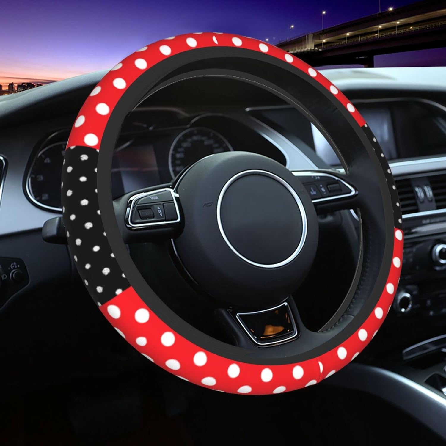 Cute Red Polka Dots Steering Wheel Cover with 2 Pack Car Seat Belt Covers and Car Seat Headrest Cover for Women