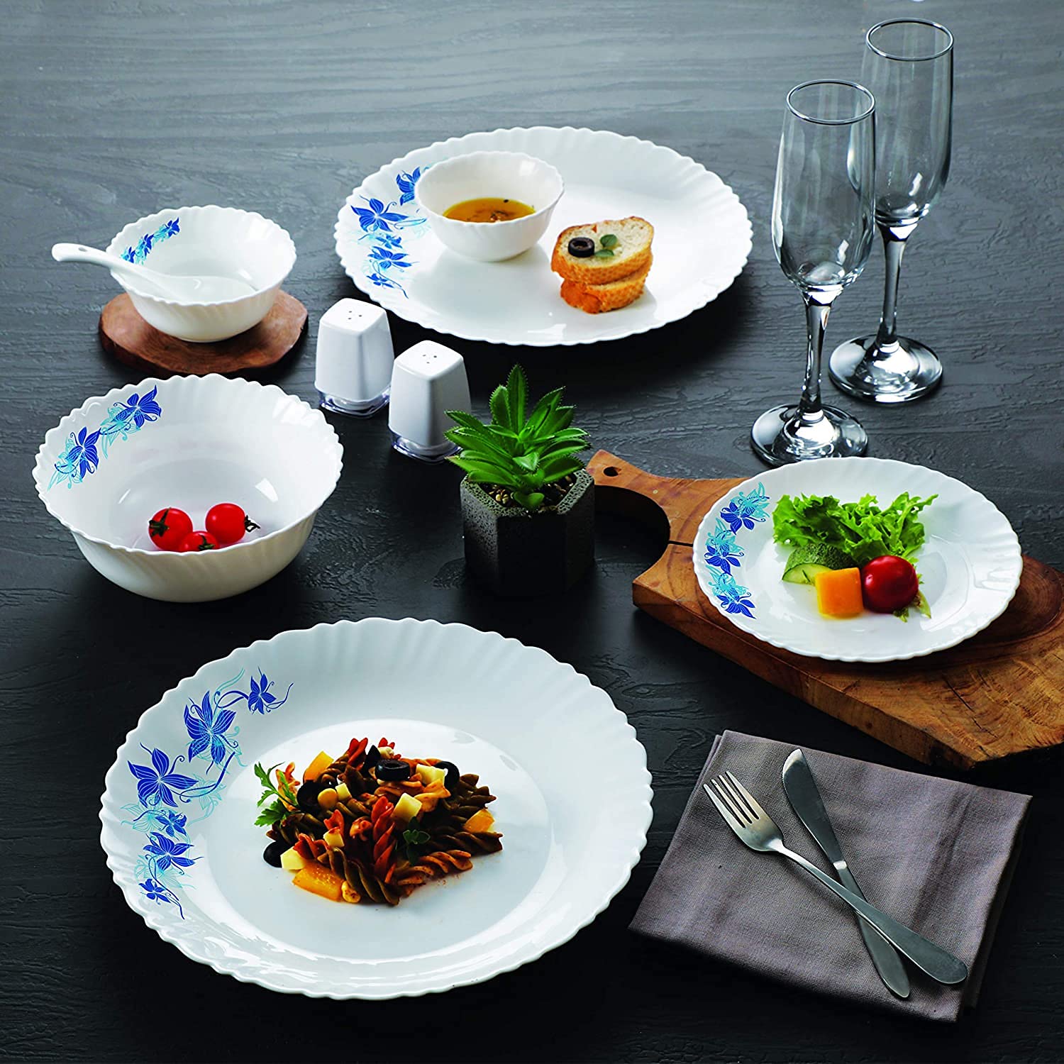 Cello Opalware Dazzle Series Blue Swirl Dinner Set, 20 Pcs | Light-Weight, Daily Use Crockery Set for Dining | White Plate and Bowl Set 4