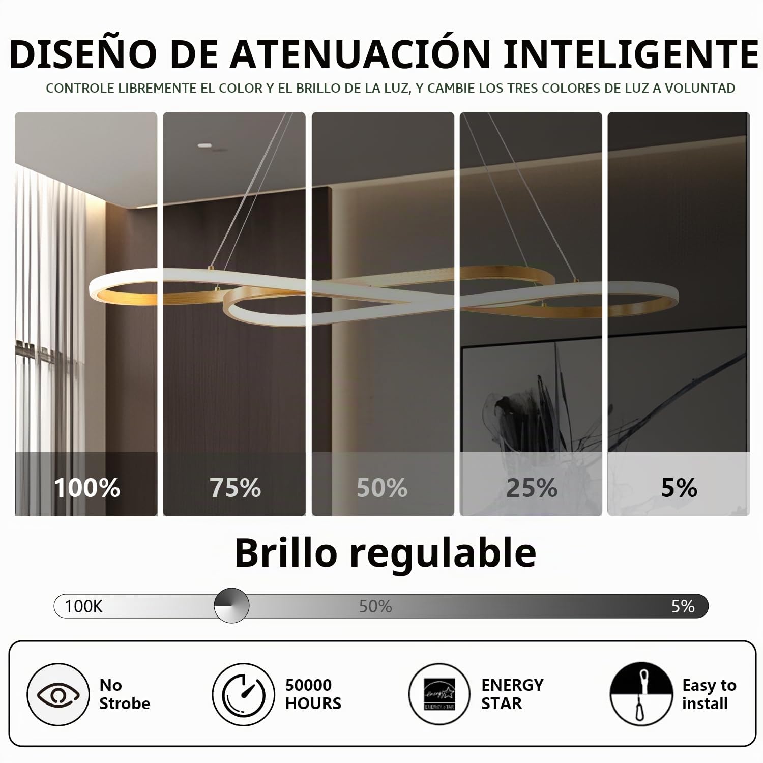 Lámpara de Araña LED Dorada para Iluminación de Isla de Cocina, Lámpara Colgante LED Moderna de 100 Centímetros, Altura Ajustable, Lámpara de Comedor de Oro Cepillado Sobre Mesa