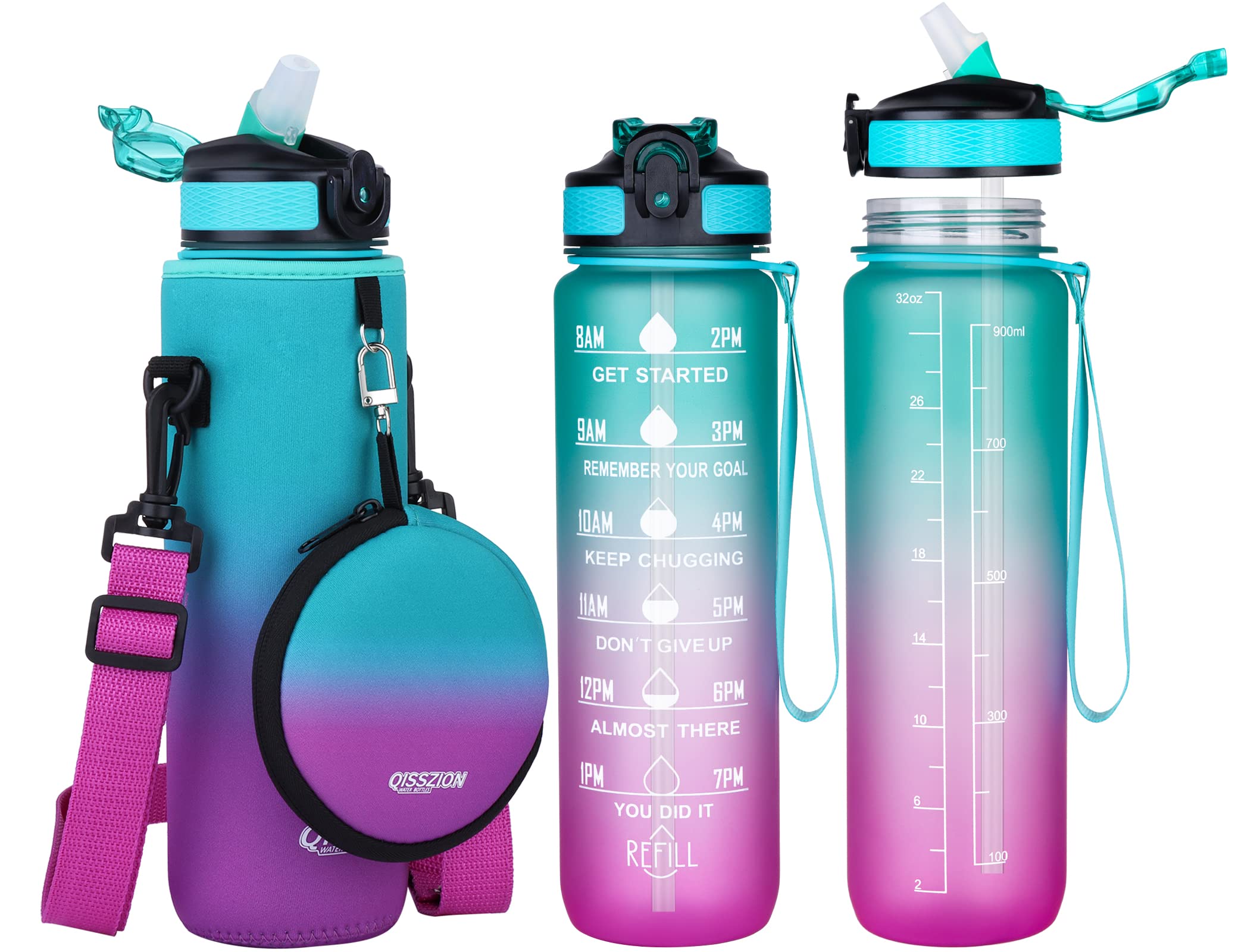 QISSZION 32oz Water Bottle With Straw and Sleeve - Insulate BPA Free Leak Proof Reusable With Times To Drink - Neoprene Cooler Holder Carrier Adjustable Shoulder Strap For Hiking gym Travelling Camping Walking School 1000ml