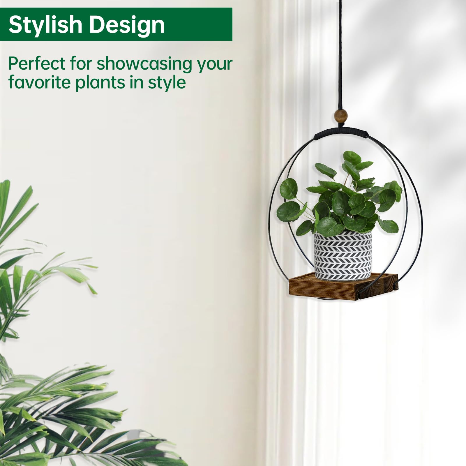 Suspension d'intérieur - Suspension moderne en macramé avec base en bois robuste - Décoration murale et plafond pour la maison - Parfait pour les plantes d'intérieur et les pots (plantes non incluses)