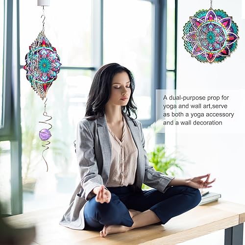 Miniatura 9 de Goolyrusim - Molinillo de viento con mandala, jazmín, de acero inoxidable cortado con láser, esculturas de viento colgantes en 3D para decoración de