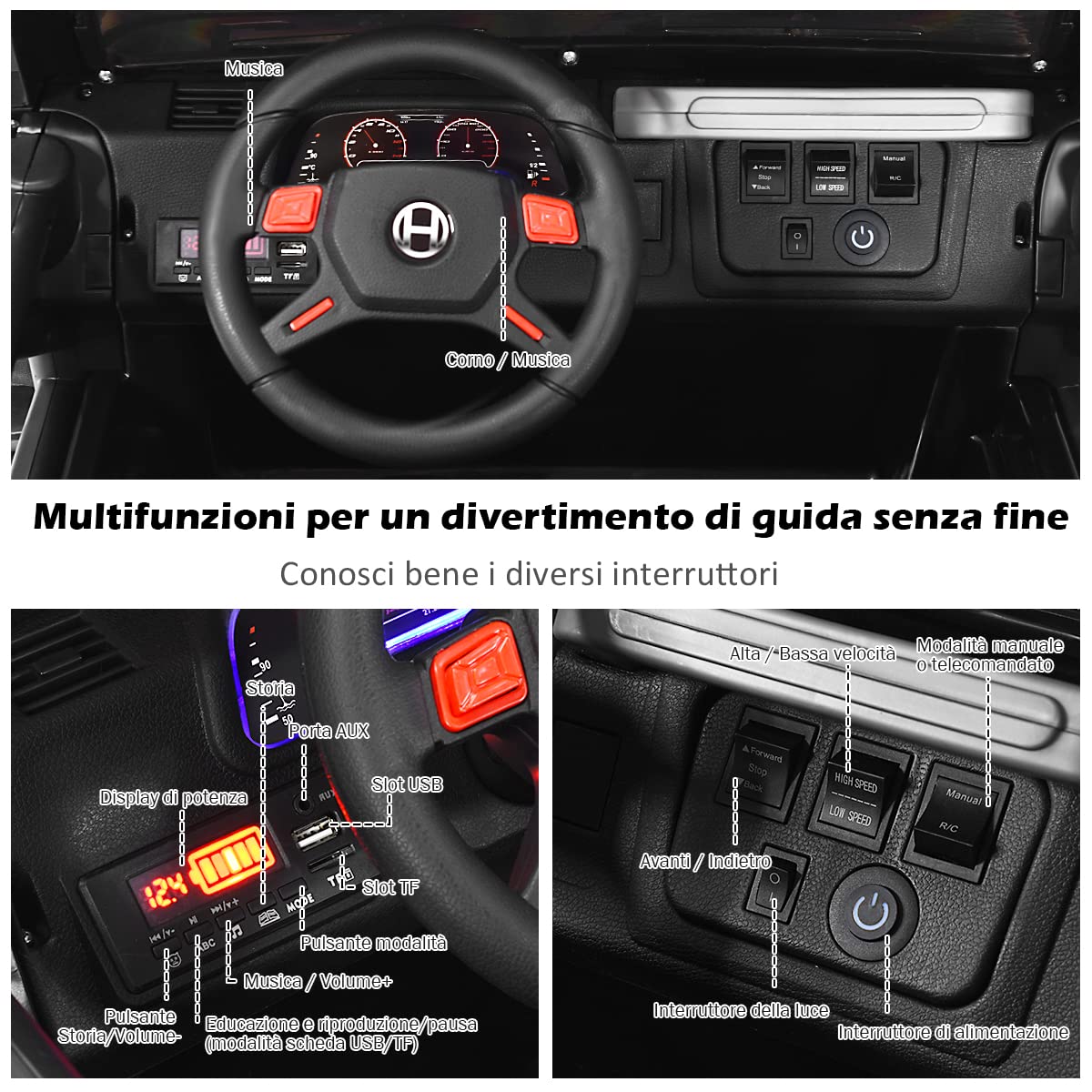 COSTWAY Auto Macchina Elettrica per Bambini 12V, Veicolo Elettrico a Batteria a 2 Posti, con Telecomando 2,4 G, Porta USB e AUX, per Bambini 3+ Anni (Nero)