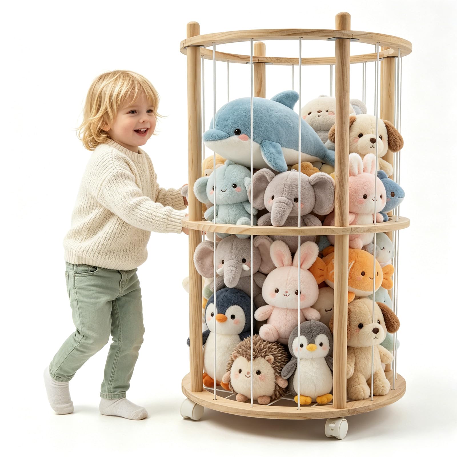 Holz Kuscheltier Aufbewahrung, Stofftier Aufbewahrung Mit 360°Bremse-Ausgestattete Räder, Zweistufig Plüschtier Lagerung für Spielzimmer, Kinderzimmer, Schlafzimmer, Kinderzimmer (95*51 cm)