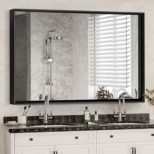 Miniatura 4 de 40x30inch Glossy Black Bathroom Mirrors for Wall Rectangle Vanity Mirror Corner Hangs Farmhouse Mirror Modern Metal Framed Rectangular Mirror,