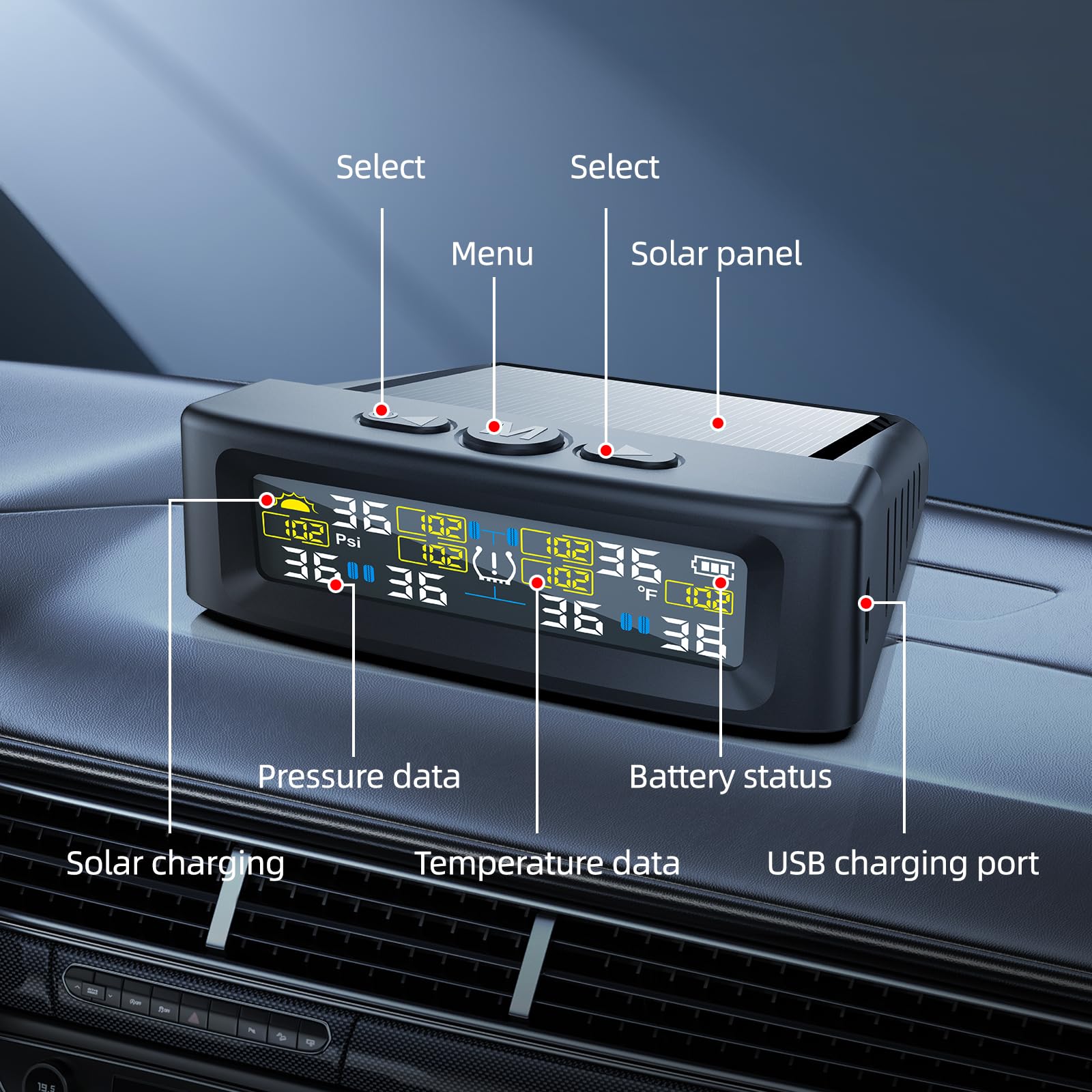 KAOLALI Sistema di monitoraggio della pressione dei pneumatici, supporto 6 ruote, monitor della pressione dei pneumatici con display digitale, 9,9 bar/144 PSI Max, ricarica solare e USB, per camion