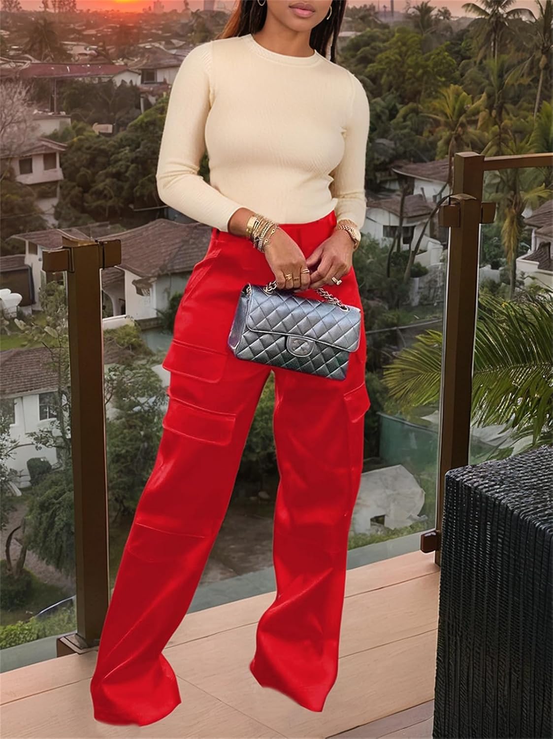 Satin Cargo Pants for Women High Waisted Wide Leg Silky Dressy Club Outfits with Pockets Casual Streetwear - Image 2