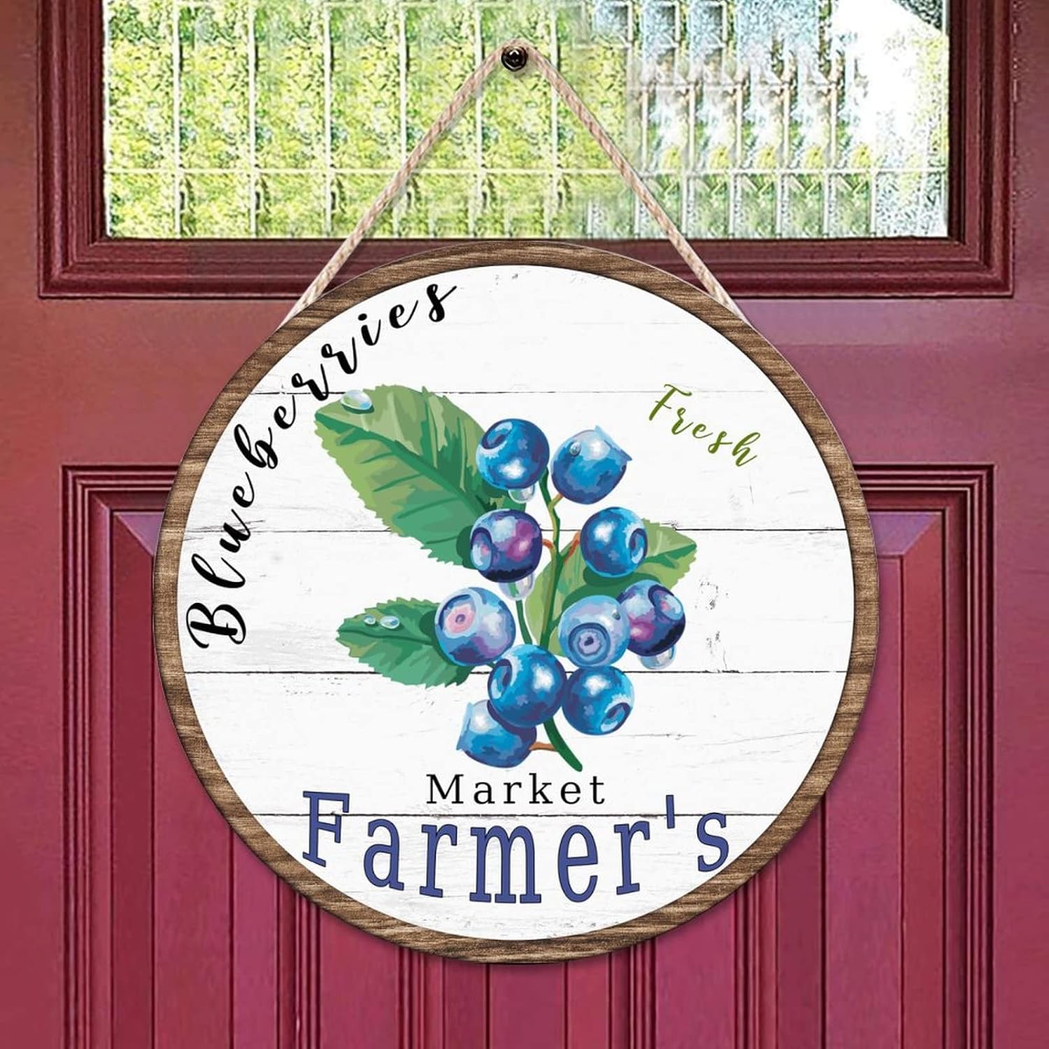 Fruit Wall Hanging Sign Plaque, Vintage Fruit Blueberry Wood Door Sign, Market Farmers 16x16in Round Door Hanger Sign Decor for Outdoor Front Porch Front Door Housewarming Gifts