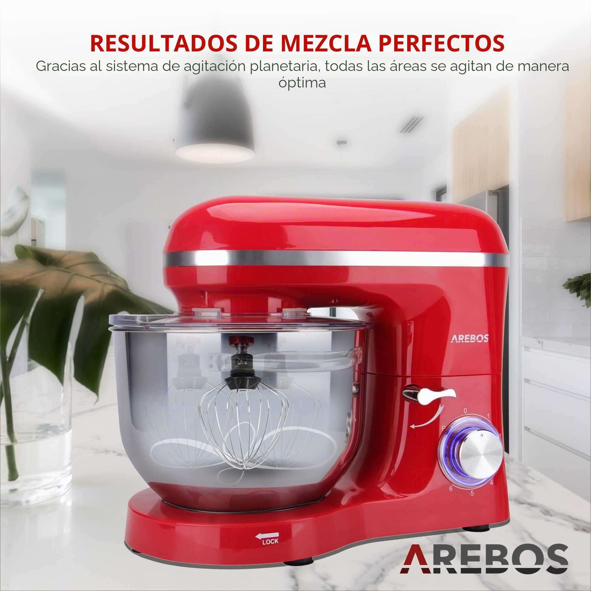 Arebos Batidora Amasadora Multifunción 1500W | Rojo | Recipiente de acero inoxidable de 6 L | Robot de Cocina con 3 herramientas Gancho para Amasar, Varillas, Gancho para mezclar | 6 Velocidade