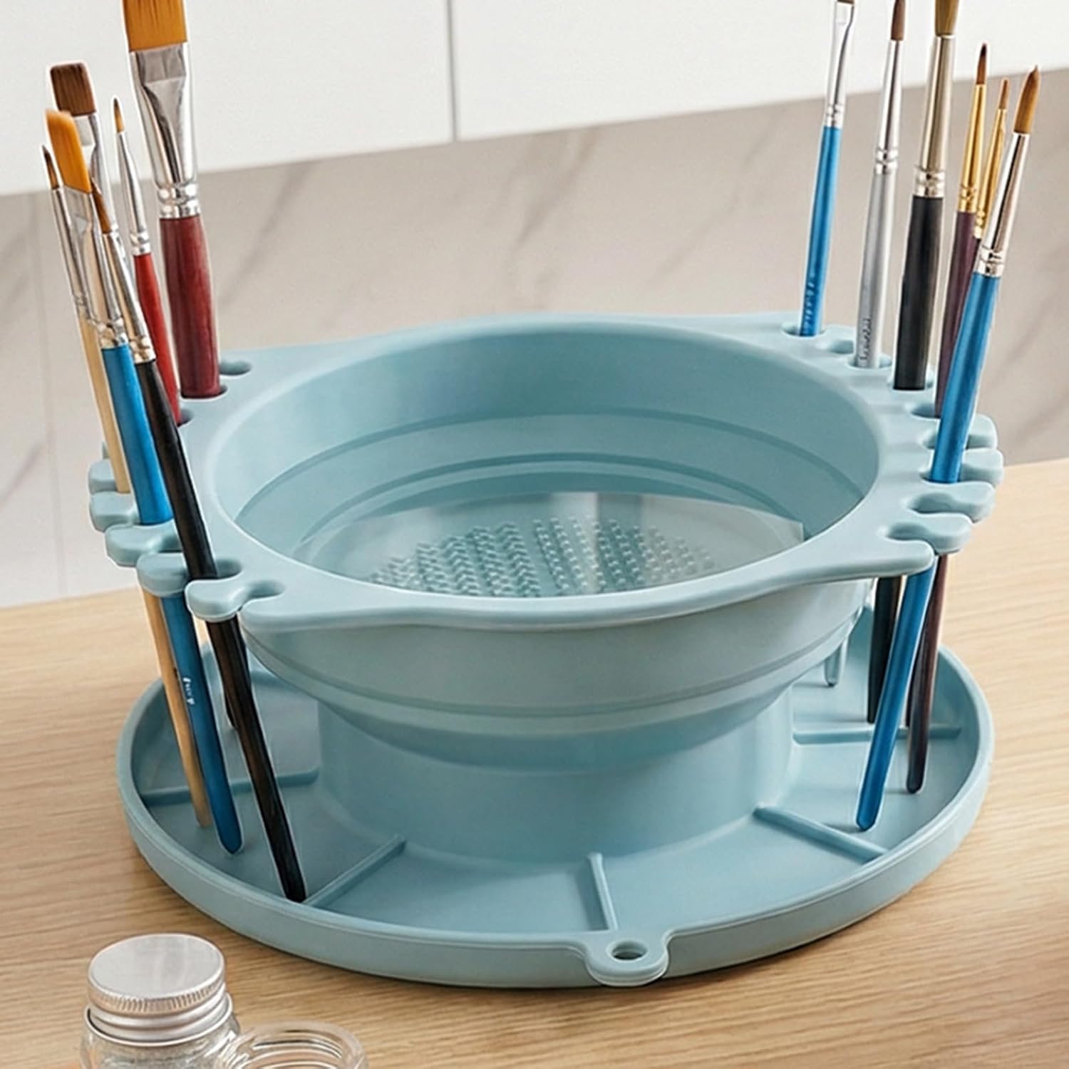 Collapsible Silicone Paint Brush Cleaner Basin Foldable Paintbrush Cleaning Container for Acrylic, Watercolor & Oil Painting (Blue, 15 * 12.2 * 6.5cm/5.91 * 4.8 * 2.56inches)
