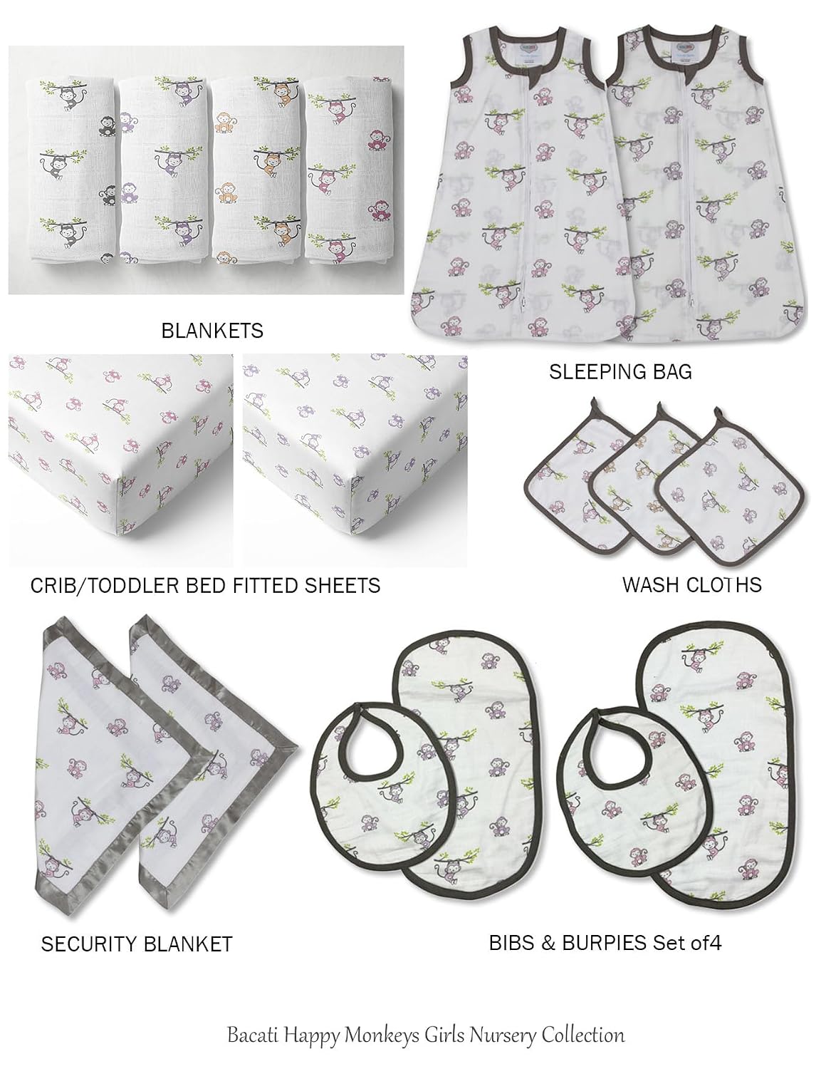 Bacati - Happy Monkeys 2 Pack Essentials Classic Super Soft Breathable 100% Cotton Muslin Baby Crib Fitted Sheets - Fits Standard 28 x 52 x 5 Crib & Toddler Mattresses (Lilac/Grey Girls)