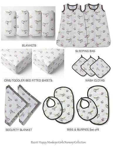 Miniatura 6 de Bacati - Saco de dormir de muselina Happy Monkeys (manta portátil) (pequeño, rosagris)