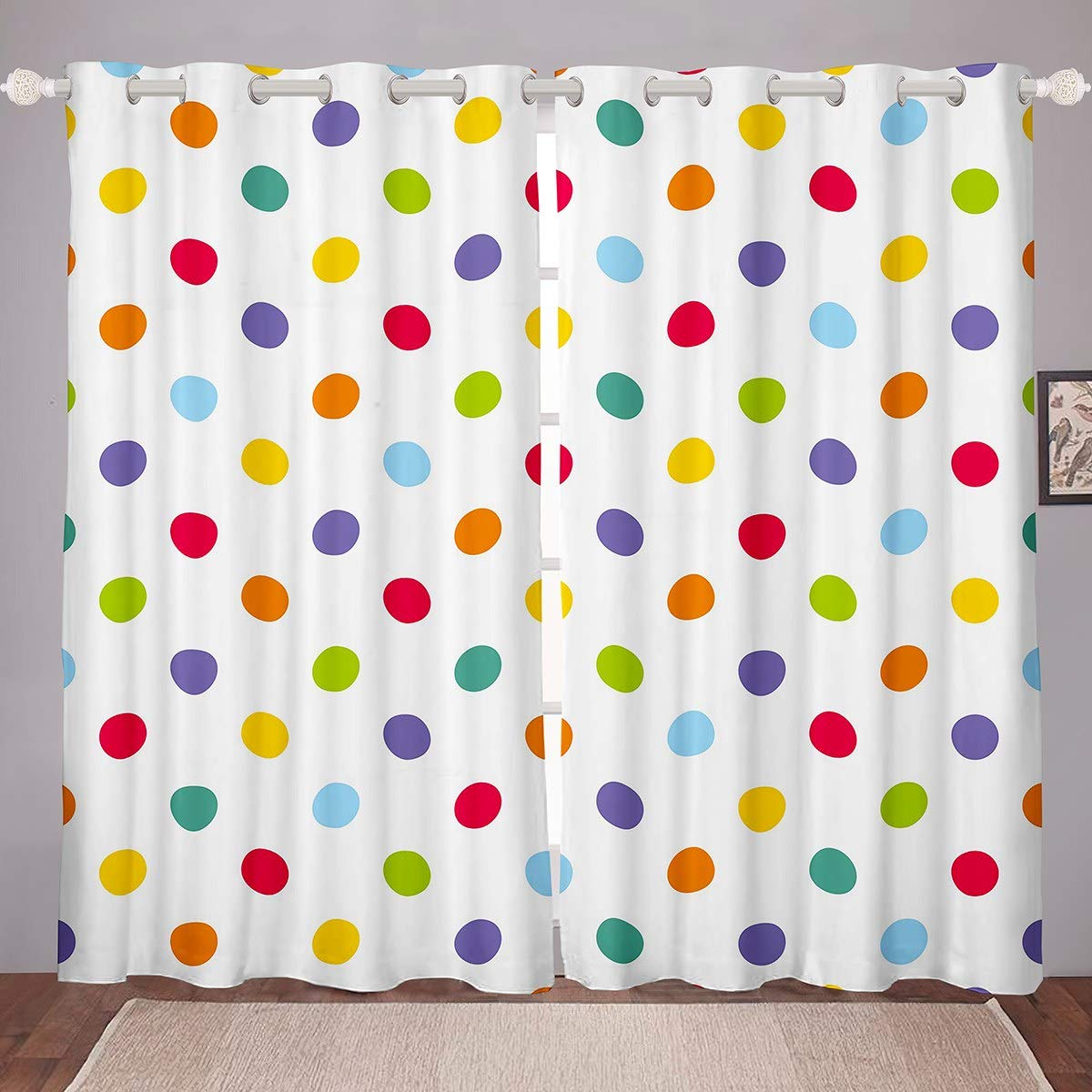 Loussiesd Girls Colour 16 Polka Dots Window Curtain Panels Colorful Circles Blackout Drapes For Kids Adults Women Rainbow Window Drapes Multicolor Dots Curtains Bedroom Decor Grommet Top W46*L54