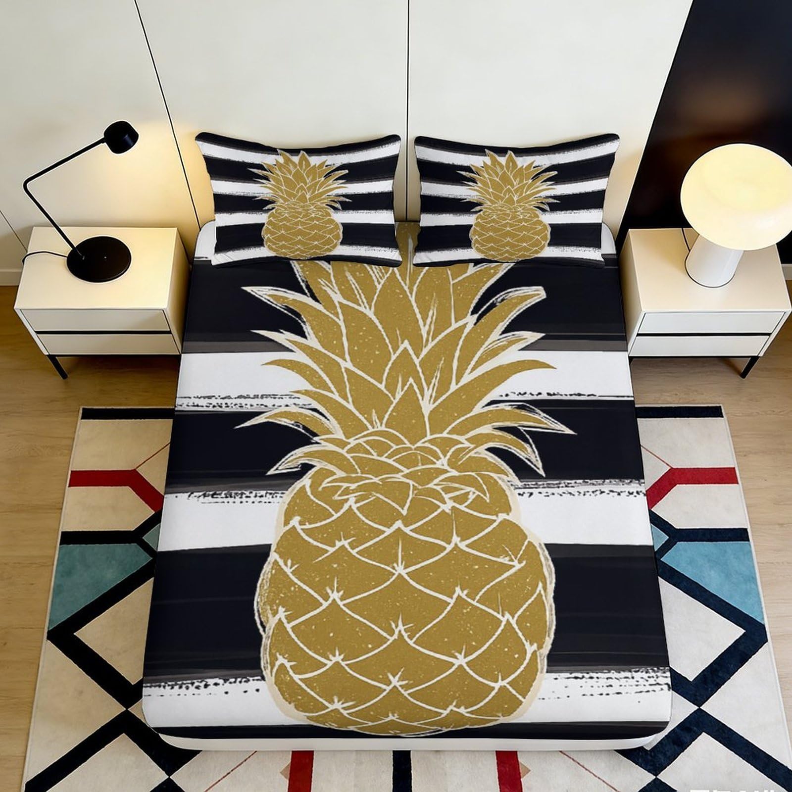 3D Printed Pineapple Fitted Sheet Microfiber Deep Pocket Elastic Hem Bedroom Bedding Pineapple Mattress Fitted Cover Washable 140x200x25cm