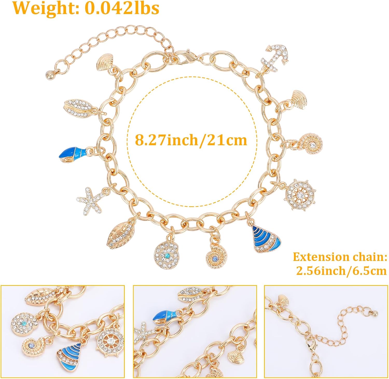 Gold Ocean Charm Bracelet for Women Dangle Gold Seashell Starfish Conch Ship Anchor Pendant Link Bracelet Bohemian Sea Shell Bracelets Adjustable Boho Summer Beach Vacation Jewelry for Women - Image 2