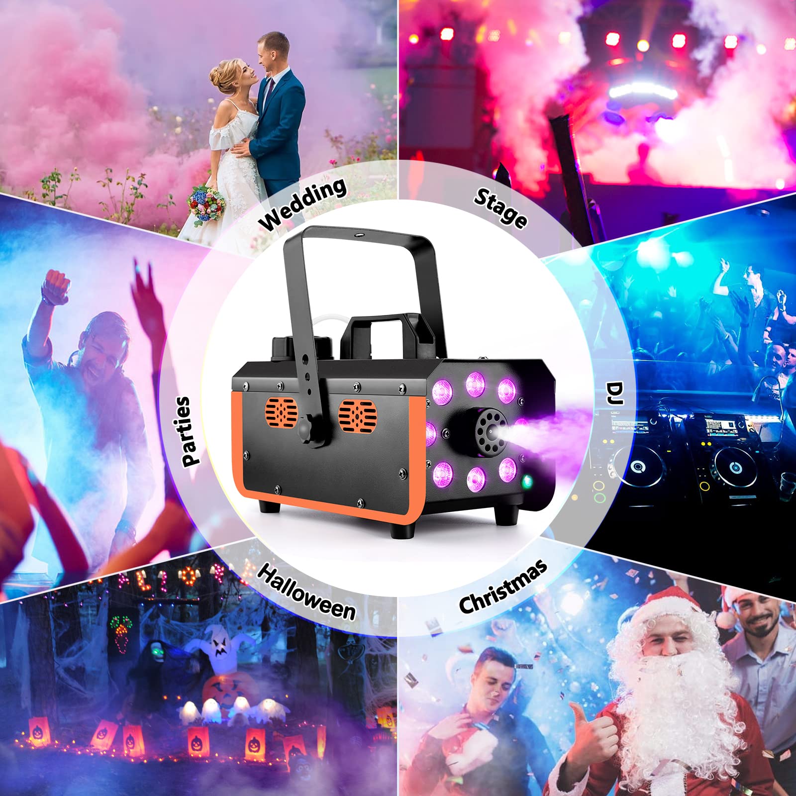 Nebelmaschine, HAKUTA wasserdichte Nebelmaschine 500W mit 2300 CFM Nebelausstoß und 2 Fernbedienungen, 8 LED Lichter mit Fade-, Blitz-, Smooth- und Strobe-Effekt für Party, Hochzeit, Halloween usw