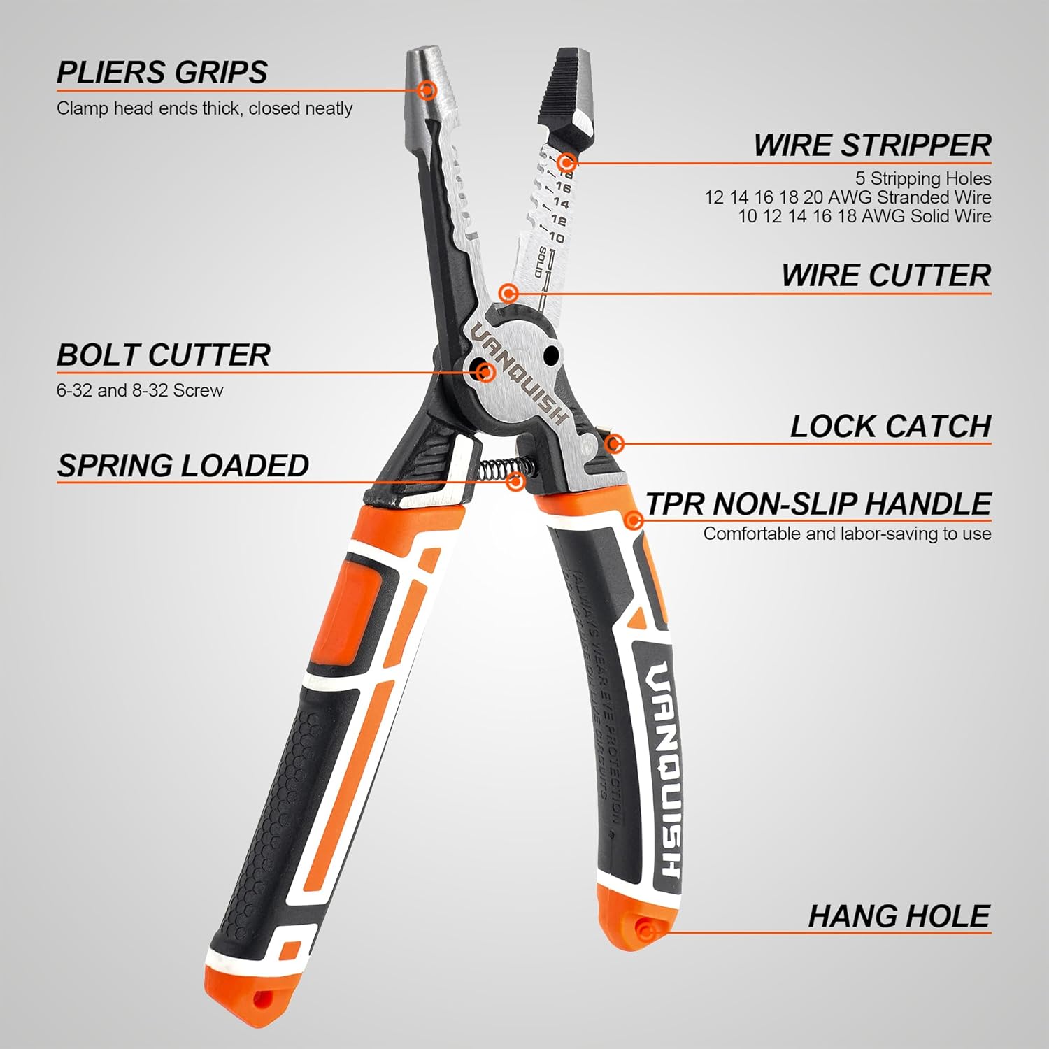 VANQUISH 4 IN 1 Multifunctional Wire Stripper, Wire Cutting Stripping Tool (10-18 AWG Solid, 12-20 AWG Stranded) Bolt Cutter CR-V Steel Multifunctional Electrician Pliers 3386