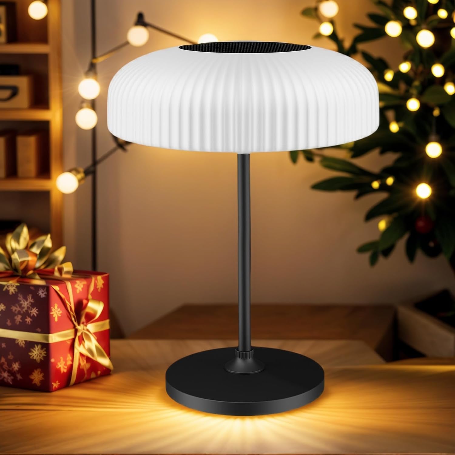 LED Solar Table Lamp, IP65 Waterproof, Touch Control, 3 Modes, USB-C Charging, White Dome Shade with Black Base, Indoor Outdoor Use (White)