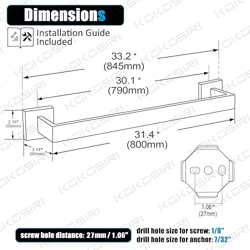 Miniatura 2 de KOKOSIRI Toallero individual de 32 pulgadas, soporte para toallas de cocina de baño, toallero de acero inoxidable SUS304 montado en la pared, negro
