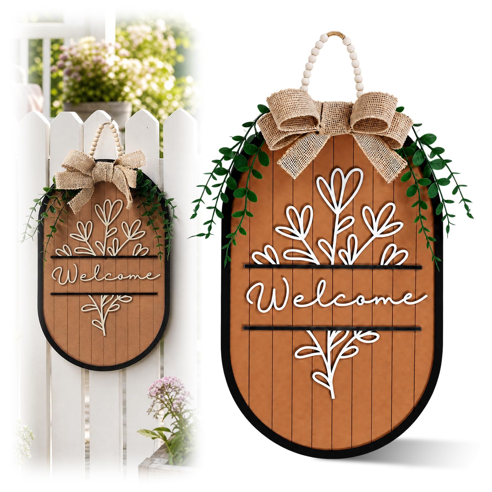 Farmhouse Welcome Door Sign, 3D Wooden Front Door Hanging Wreath with Eucalyptus Burlap Bow, Rustic Wall Decor for Home Porch Entryway