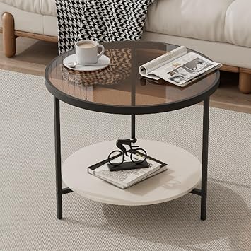 Glass Top Coffee Table,Small Round Modern Coffee Tables for Small Spaces,2-Tier Round Glass Table with Storage Shelf for Office Reception Room,Brown Black,60x46cm