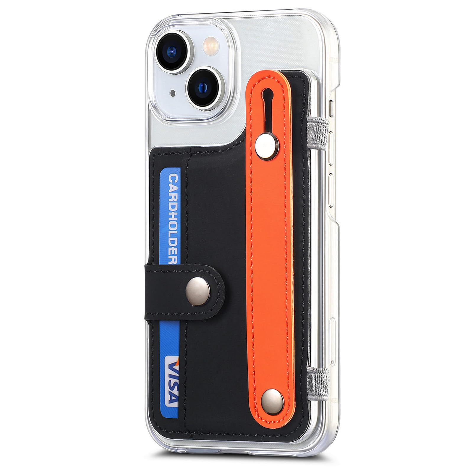 Skórzane etui do iPhone 15 Pro Max/15 Pro/15 Plus/15, stojak na nadgarstek, przezroczysta tylna osłona, etui na karty, portfel, etui na telefon, czarne, 15Pro