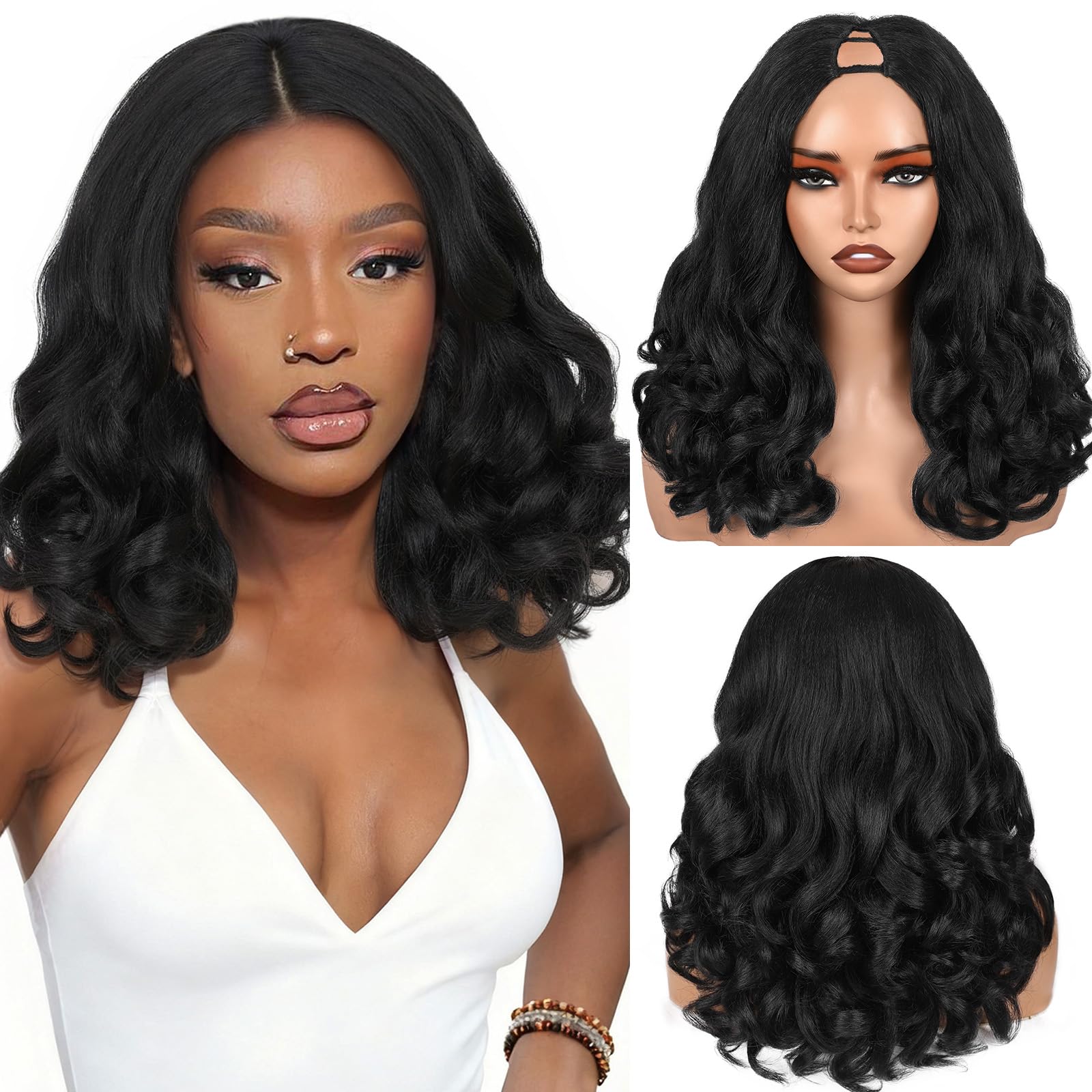 WIGNEE Perruque V Part Bouclée 46 cm – Yaki Synthétique Résistante à la Chaleur, Noir Naturel, Demi-Perruque Légère, Mélange Invisible pour Usage Quotidien