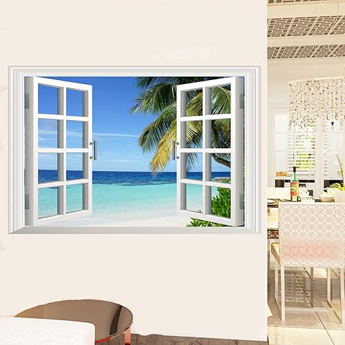 Miniatura 4 de Adhesivo de pared para ventana de playa paisaje marino palmera calcomanías de pared extraíbles para ventana de mar tropical para decoración de sala