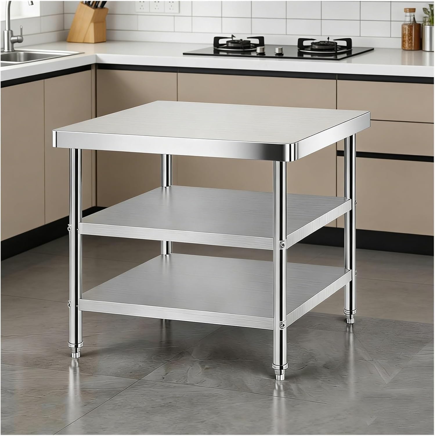 Stainless Steel Work Bench Rounded Corners Multi-Tier Shelving Unit Kitchen Work Table Countertop Support Bars Adjustable Feet Folded Edge Design Heavy-Duty Construction