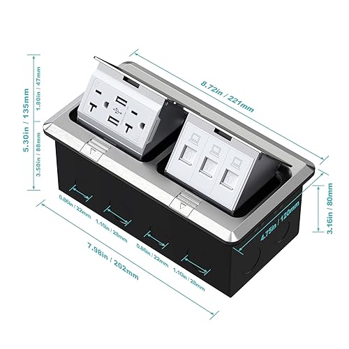 Vista 27 de WEBANG Kit eléctrico de caja de suelo doble emergente, salida de receptáculo dúplex resistente a la manipulación de 20 A, accesorios resistentes a